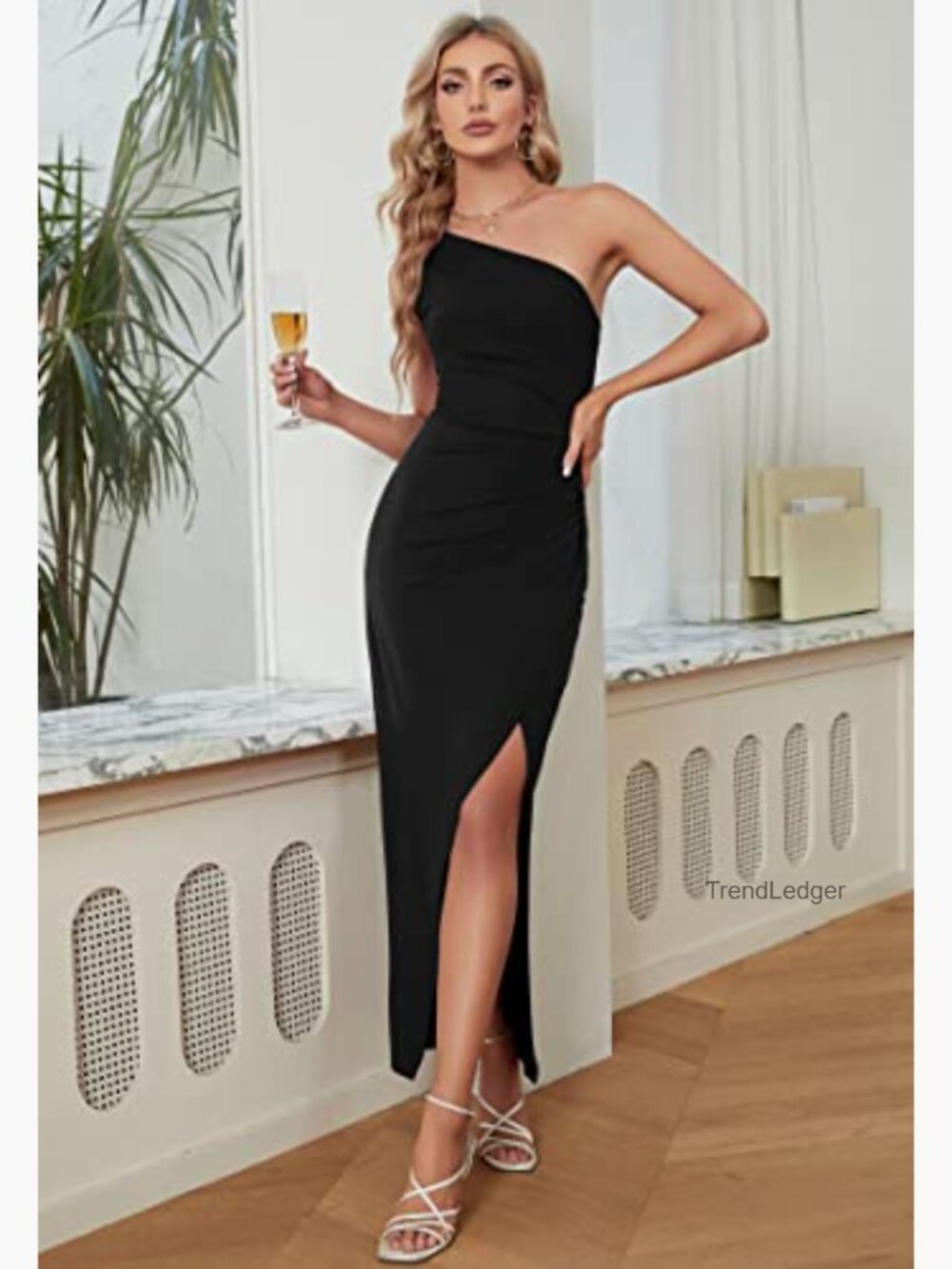One Shoulder Long Bodycon Maxi Dress Sleeveless Ruched Wrap Split Cocktail - Picture 3 of 7